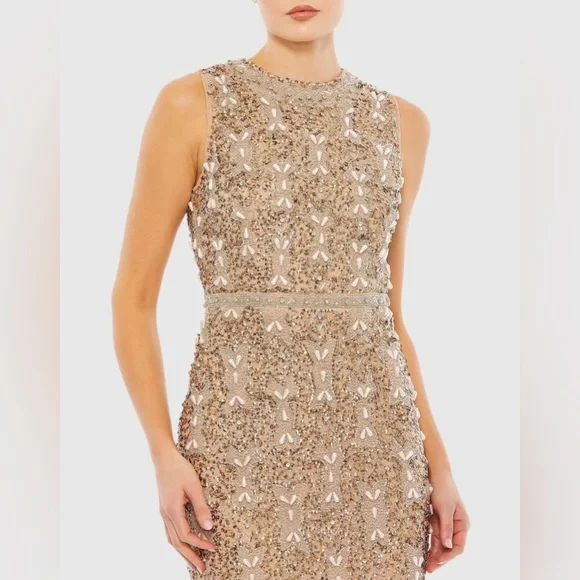 MAC DUGGALBeige Embellished High Neck Sleeveless A Line Dress